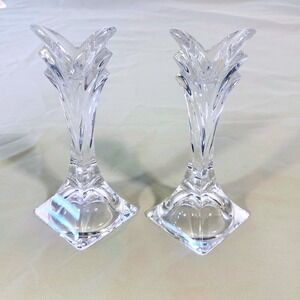 Mikasa Clear Crystal Glass Taper Candle Holders 5" Scalloped Rim Square Base